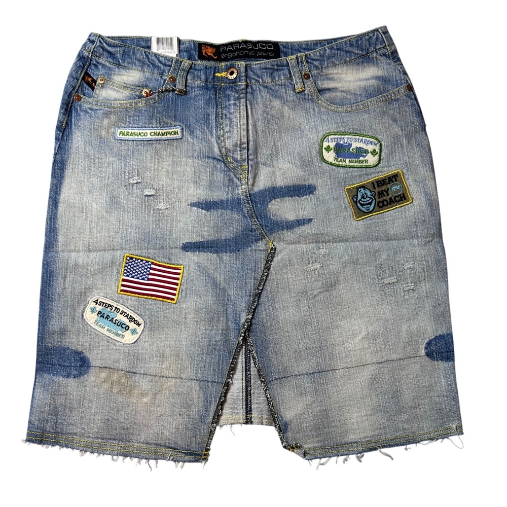 VTG Parasuco Ergonomic Women 16 Blue Denim Skirt Distressed Patches Raw Hem NWT